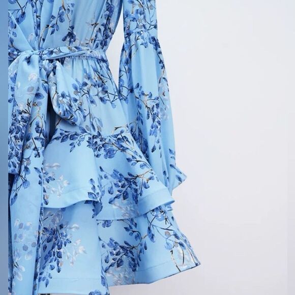 NWOT BRONX ADN BANCO BEDOUIN BLUE POPPY SHORT DRESS Floral Wrap Dress - Picture 7 of 15